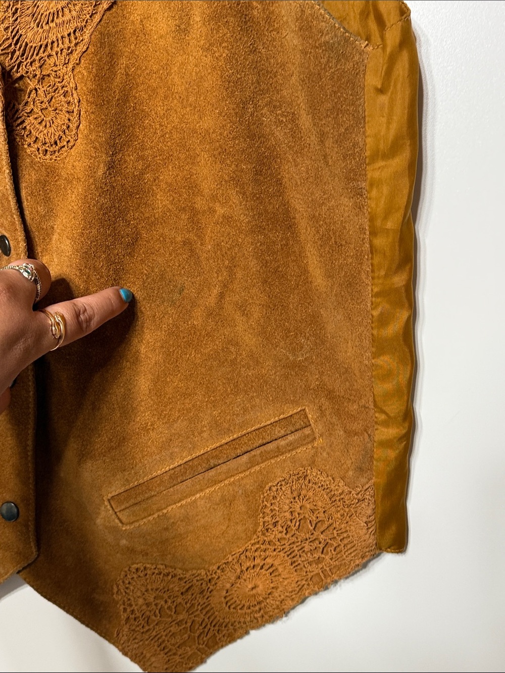 Anchor Blue Vintage Suede Leather Vest featuring lace embroidery details - Picture 11 of 15
